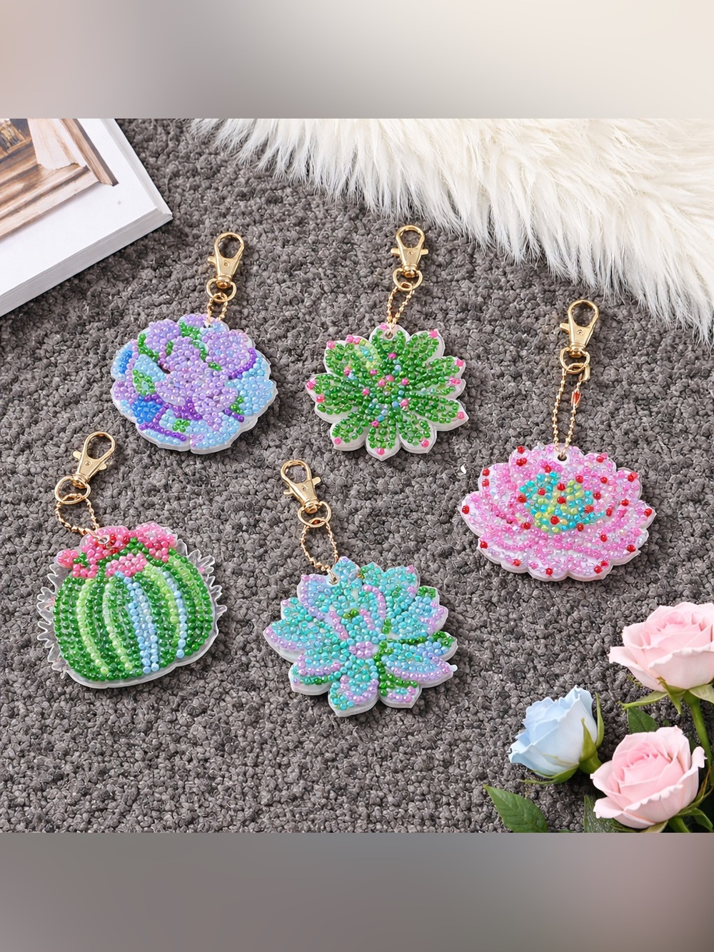 Double-Sided Beaded Floral Keychains Sets of 5